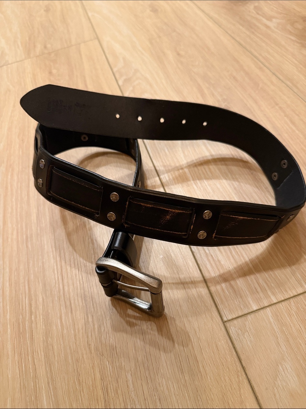 Black Studded Panel Leather Belt with Metal Buckle